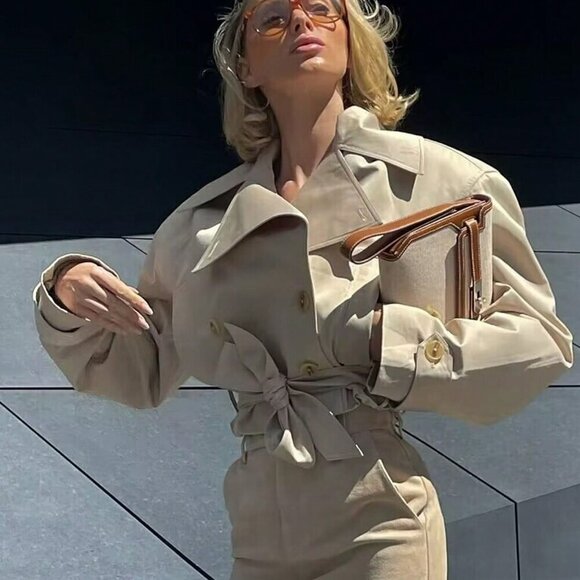 Khaki Casual Women's Cropped Trench Coat With Belt - Picture 1 of 6